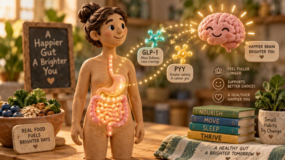 Illustration of the gut releasing natural GLP-1 and PYY fullness hormones toward the brain