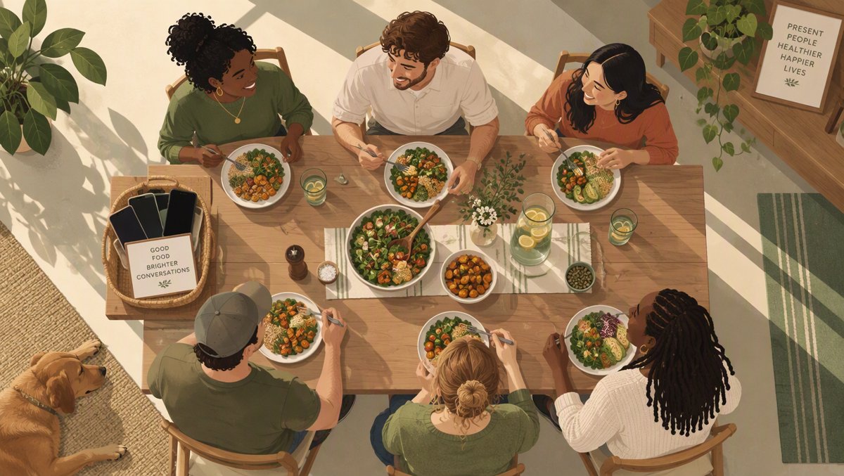 Illustration of friends sharing a screen-free meal with their phones parked in a basket