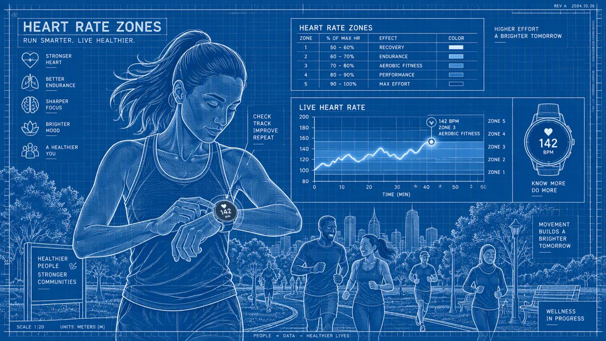 Illustration of a runner checking heart rate zones on a smartwatch with a glowing graph