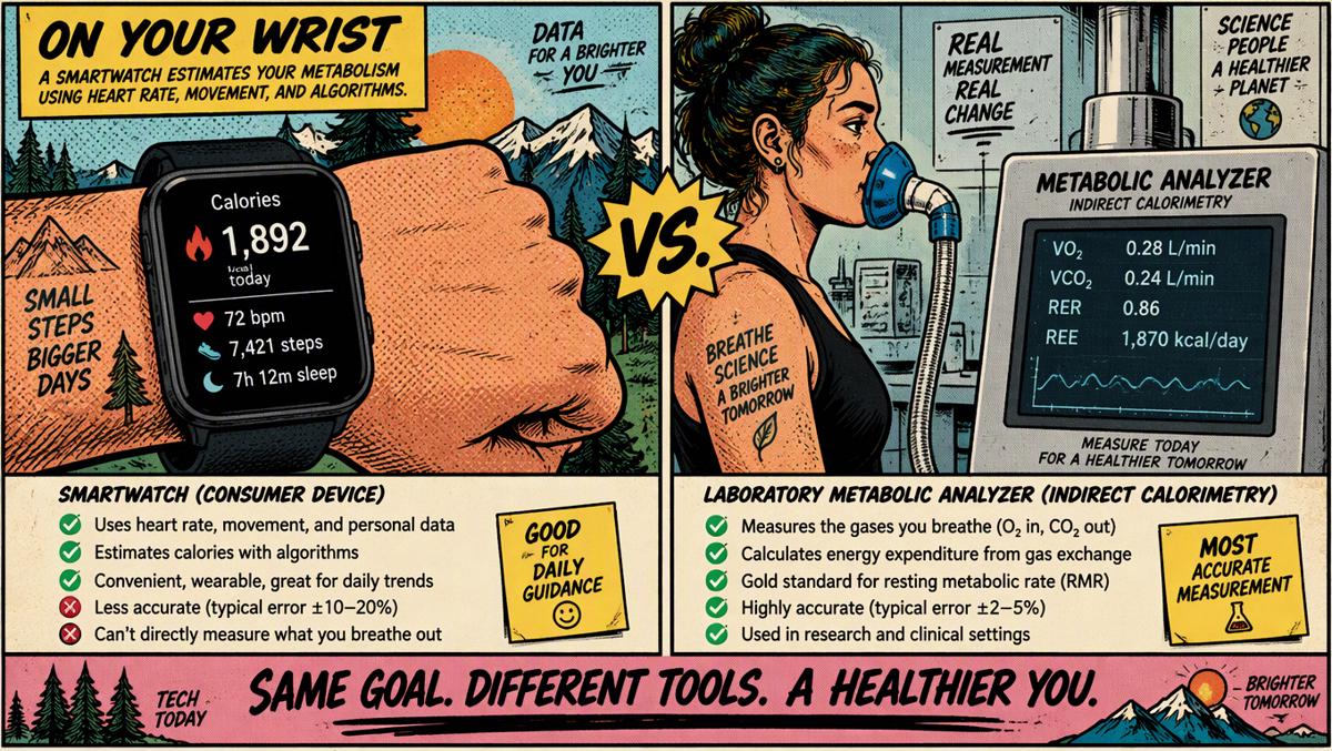 Clean illustration comparing a smartwatch with a laboratory metabolic analyzer measuring breath