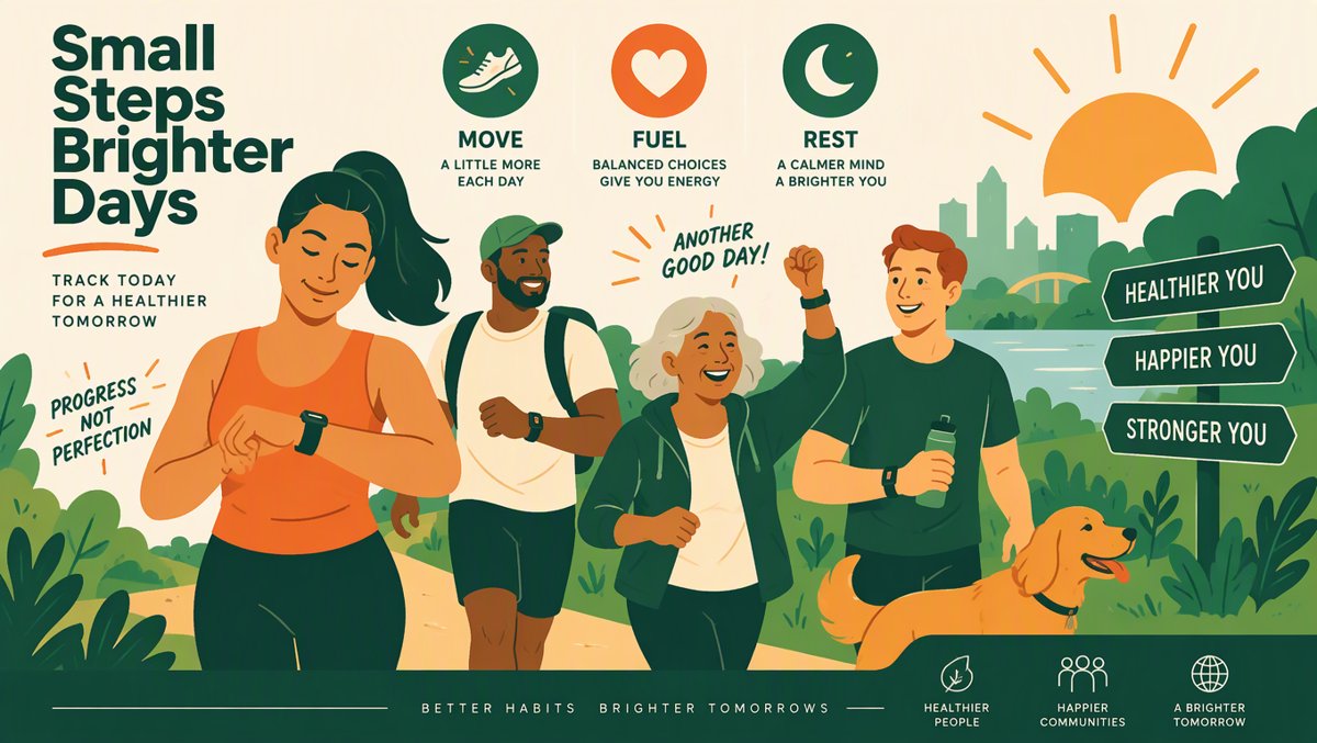Illustration of diverse people using fitness trackers wisely during an outdoor walk
