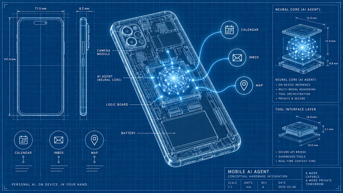 On-device AI agent concept — a smartphone with a glowing neural core orchestrating tool calls