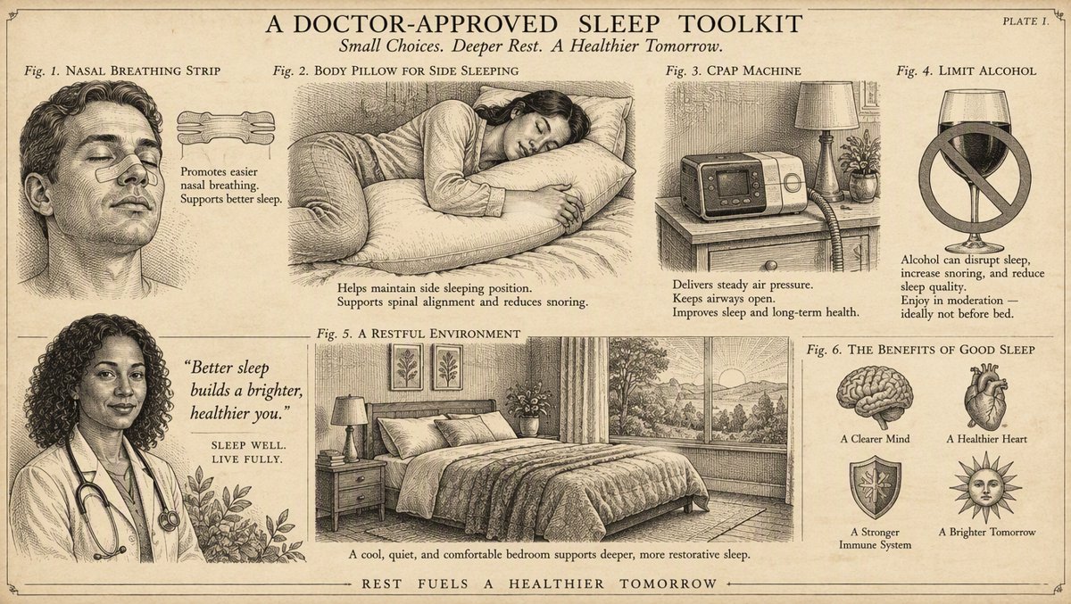 Illustration of a doctor-approved sleep toolkit β nasal strips, body pillow, CPAP machine, and a wine glass with a gentle no symbol