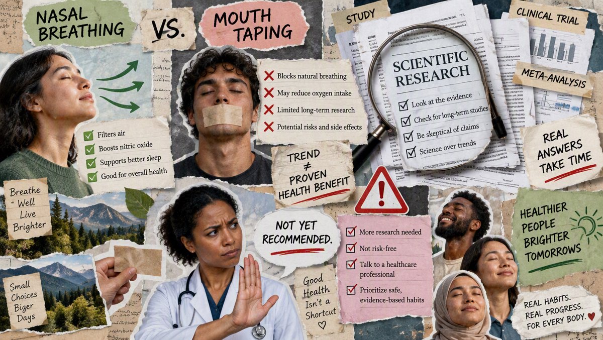 Illustration comparing nasal breathing with mouth taping β research studies under a magnifying glass, a cautious doctor, and warning symbols