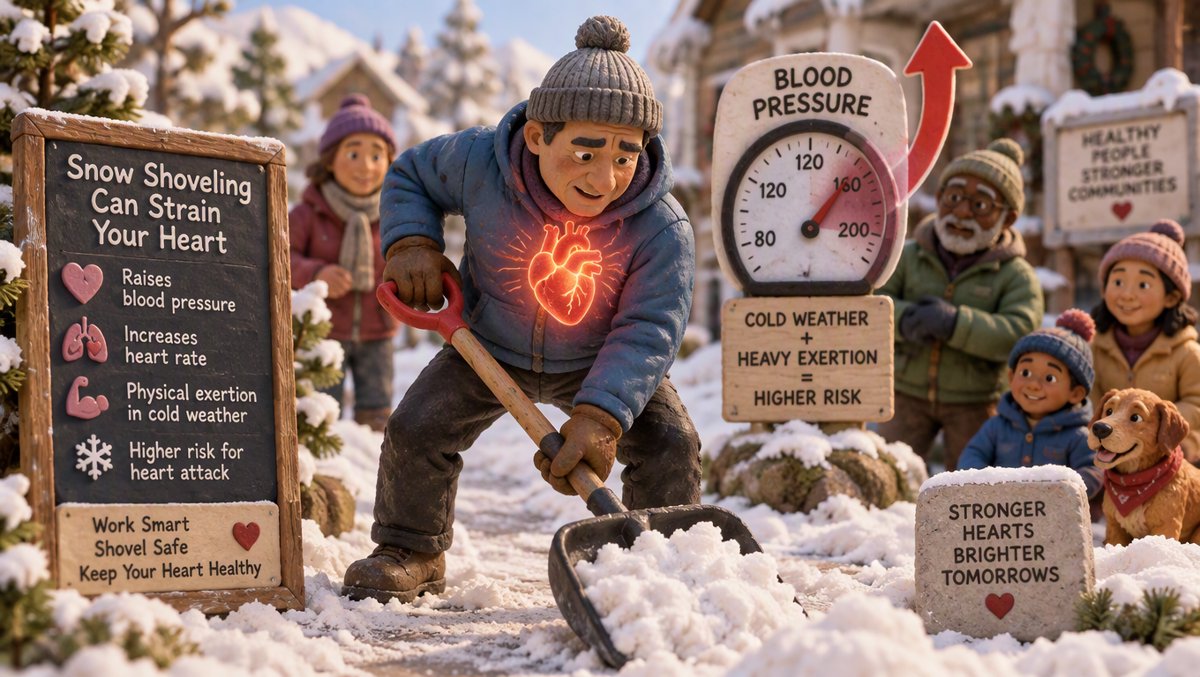 Illustration of the cardiovascular strain of snow shoveling — a person mid-lift with a glowing heart and rising blood pressure gauge