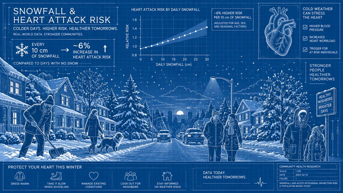 Illustration of snow falling over a quiet residential street at dusk with subtle medical data-chart motifs