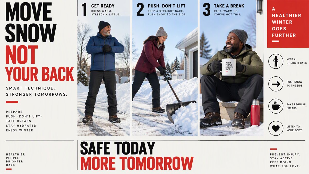 Illustration of heart-safe snow shoveling — pushing snow sideways in warm layers, with a warm mug waiting nearby