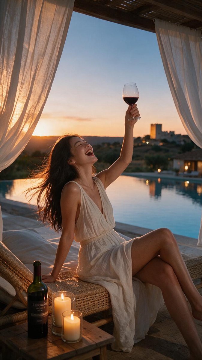 Sofie settling onto a candlelit cabana daybed at sunset in a linen dress, raising a glass of Esporão Reserva Tinto in a toast, curtains glowing amber and the infinity pool mirroring the orange sky
