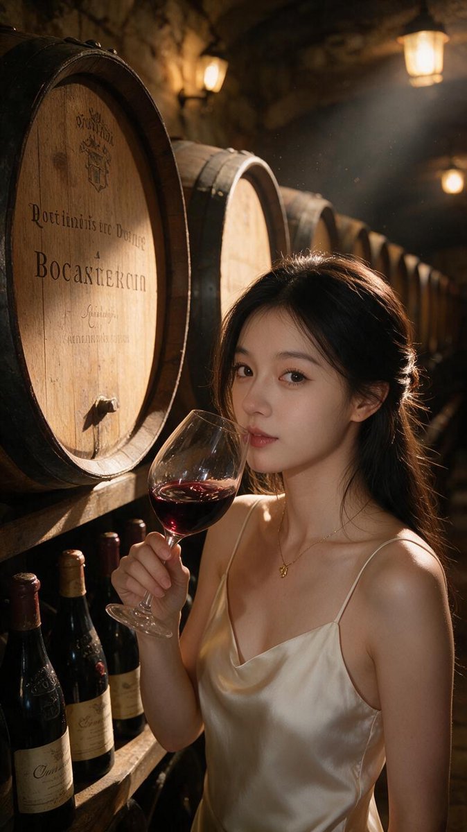 Sofie in an ivory silk slip dress swirling ChΓ’teauneuf-du-Pape red among the symmetrical oak foudres of Beaucastel's candle-warm barrel cellar