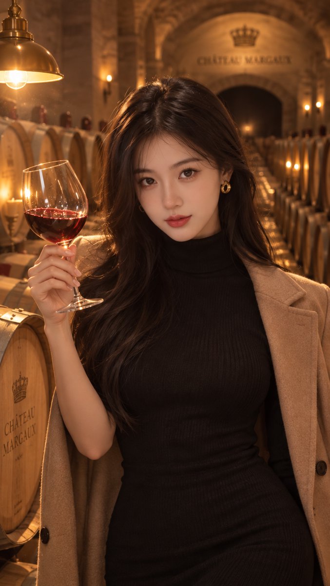 Sofie in an elegant black turtleneck dress with camel coat swirling a glass of ruby-red Pavillon Rouge in the candlelit barrel cellar of ChΓ’teau Margaux, oak barrels in symmetrical perspective