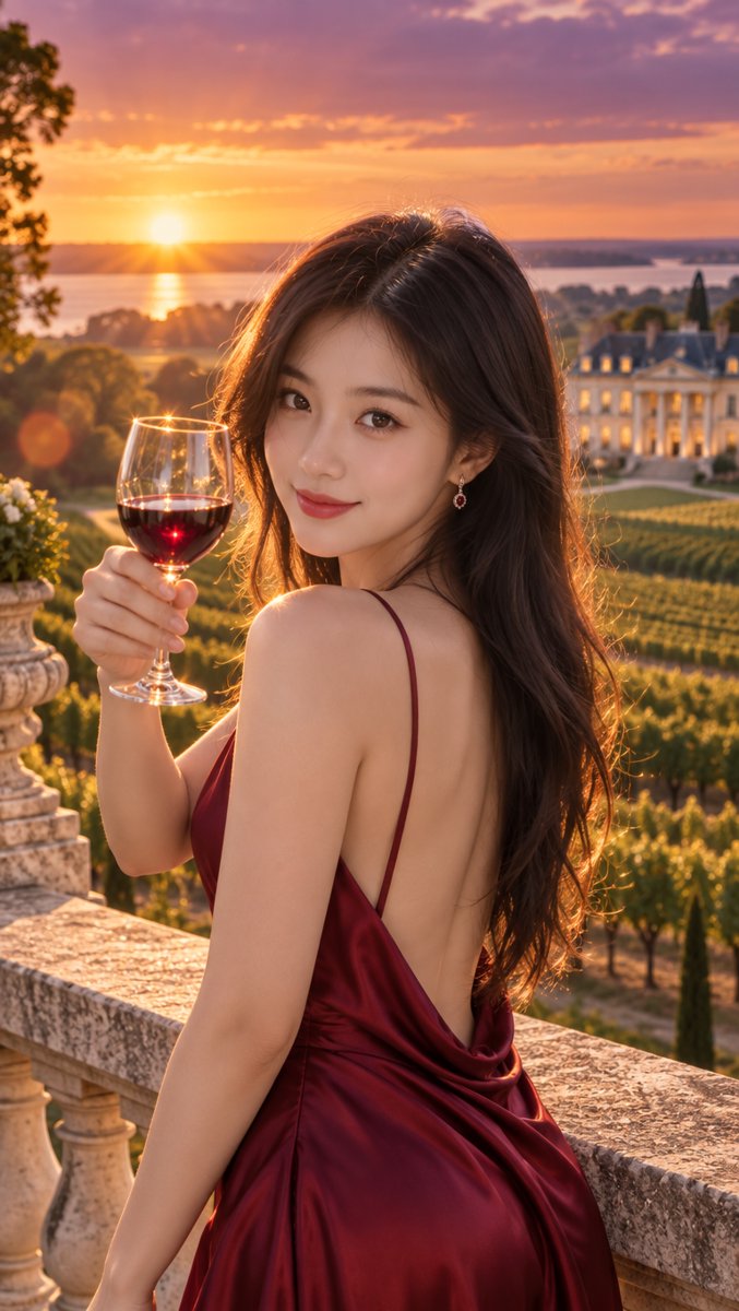 Sofie in a deep bordeaux-red silk evening gown raising a glass of red wine in a toast on a ChΓ’teau Margaux terrace at sunset, the vineyard valley bathed in gold and purple dusk light