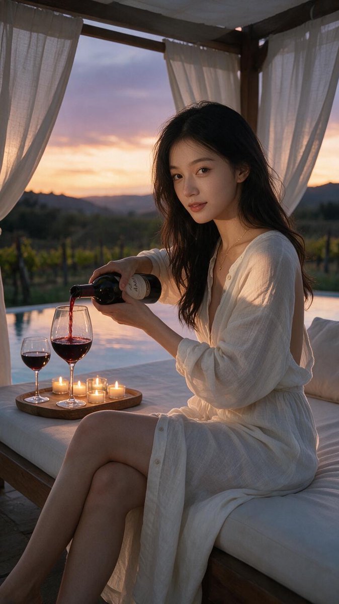Sofie in an ivory linen dress pouring Clos Apalta by candlelight in a white poolside cabana at sunset, the infinity pool glowing amber over the Colchagua Valley