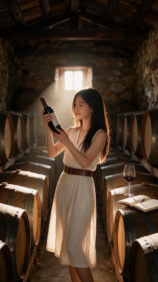 Sofie in an off-white linen dress examining a bottle of Manyetes against a shaft of golden light between symmetric rows of oak barrels in the Clos Mogador cellar