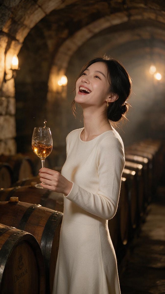 Sofie laughing mid-conversation while swirling a glass of amber Tokaji Aszú in the candlelit oak barrel cellar of Disznókő