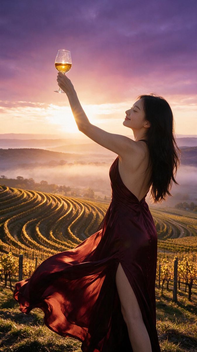 Sofie in a burgundy evening gown raising a glass in a sunset toast on the hilltop above the Disznókő estate, Tokaj