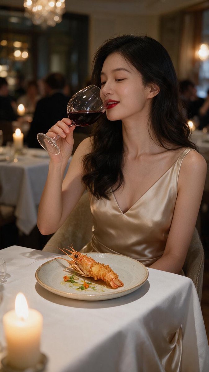 Sofie mid-sip of mature red Burgundy beside the plated deep-fried langoustine at a candlelit table at FrantzΓ©n