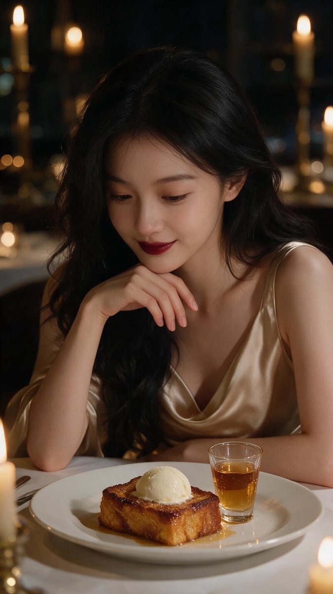Sofie in reverie over the French toast dessert and a golden dessert wine in candlelight at FrantzΓ©n, Stockholm