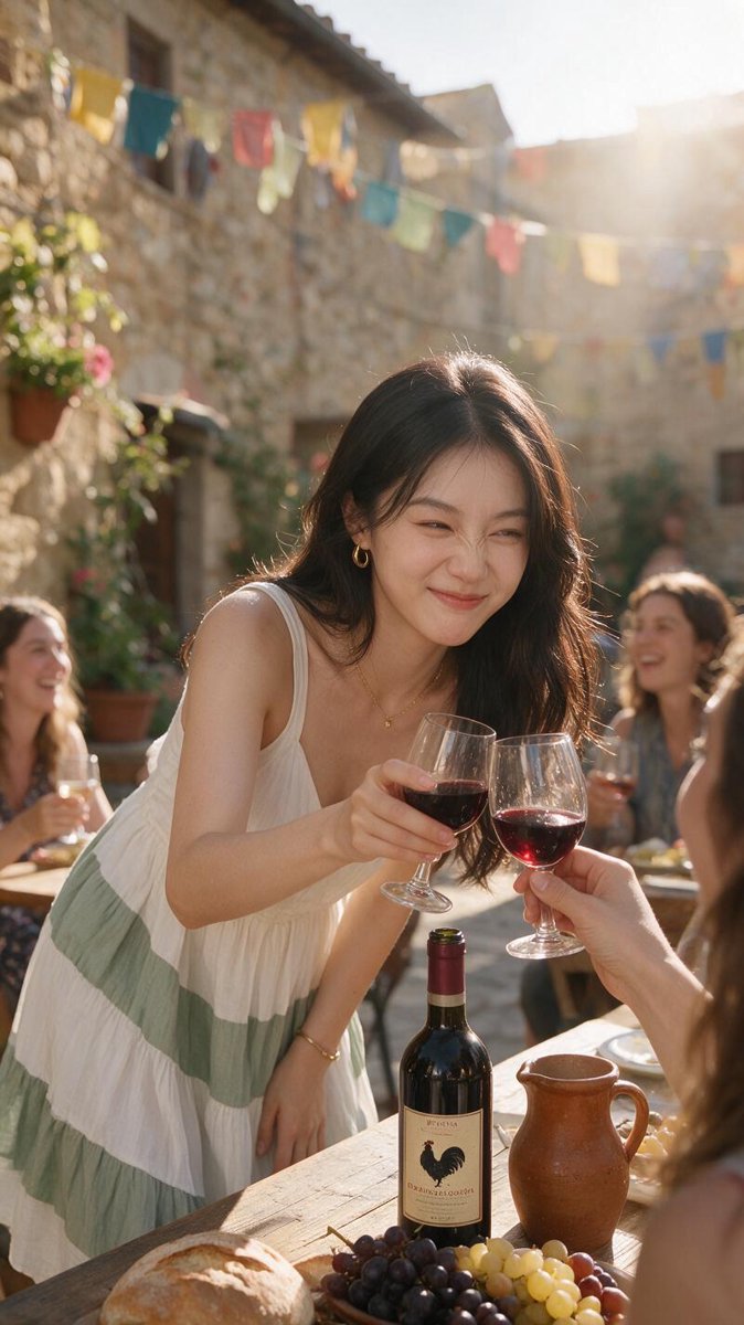 Sofie clinking glasses toward the viewer at a wooden table at the Impruneta grape festival, golden afternoon light, Chianti Classico bottle between friends
