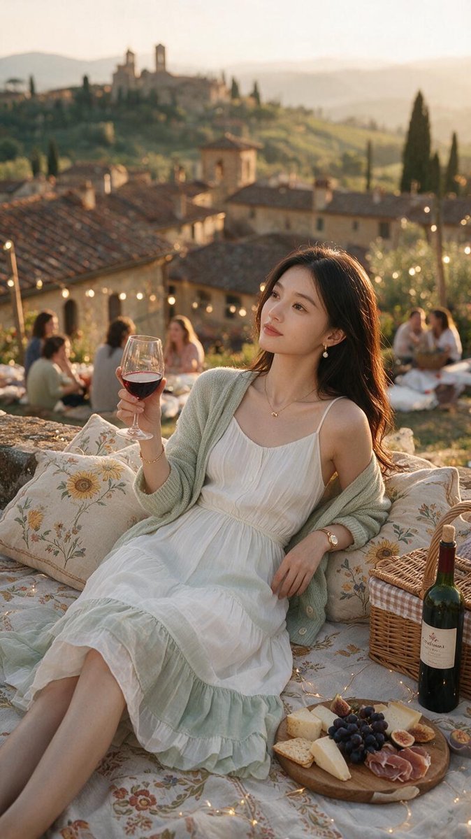 Sofie lounging on a fairy-lit picnic blanket at golden hour overlooking Impruneta's terracotta rooftops and Chianti hills, glass of Chianti Classico in hand
