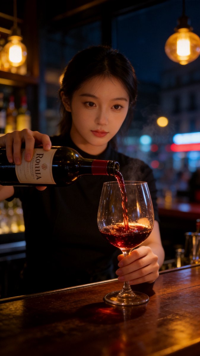 Close-up of Sofie's hands pouring deep ruby Rioja Gran Reserva into a crystal glass, amber bokeh of the Barcelona wine bar behind her
