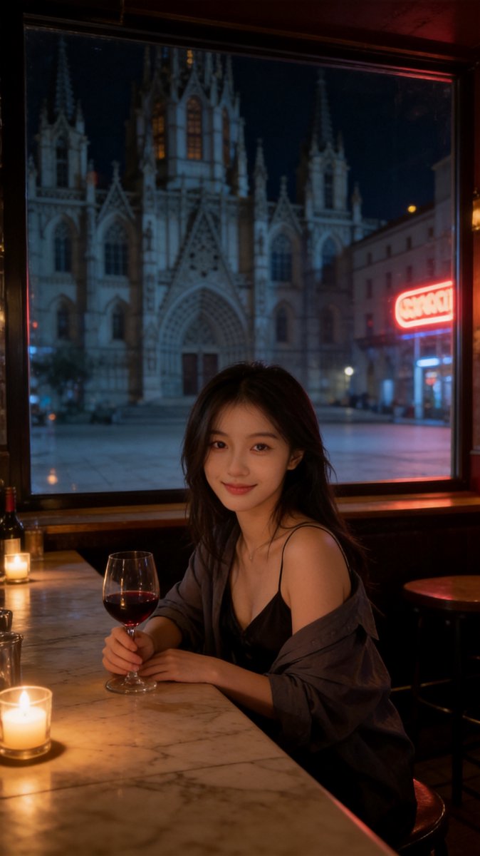 Sofie leaning on the marble bar after closing at night, hair undone, glass of red Rioja in hand, candlelight and neon glow with the basilica visible through the window