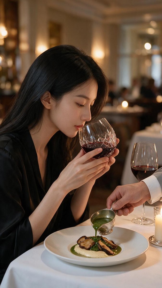 Sofie seated in profile swirling a large glass of mature red Burgundy beside the signature Mushrooms from the Cabinet dish, candlelight and golden bokeh at The Ledbury