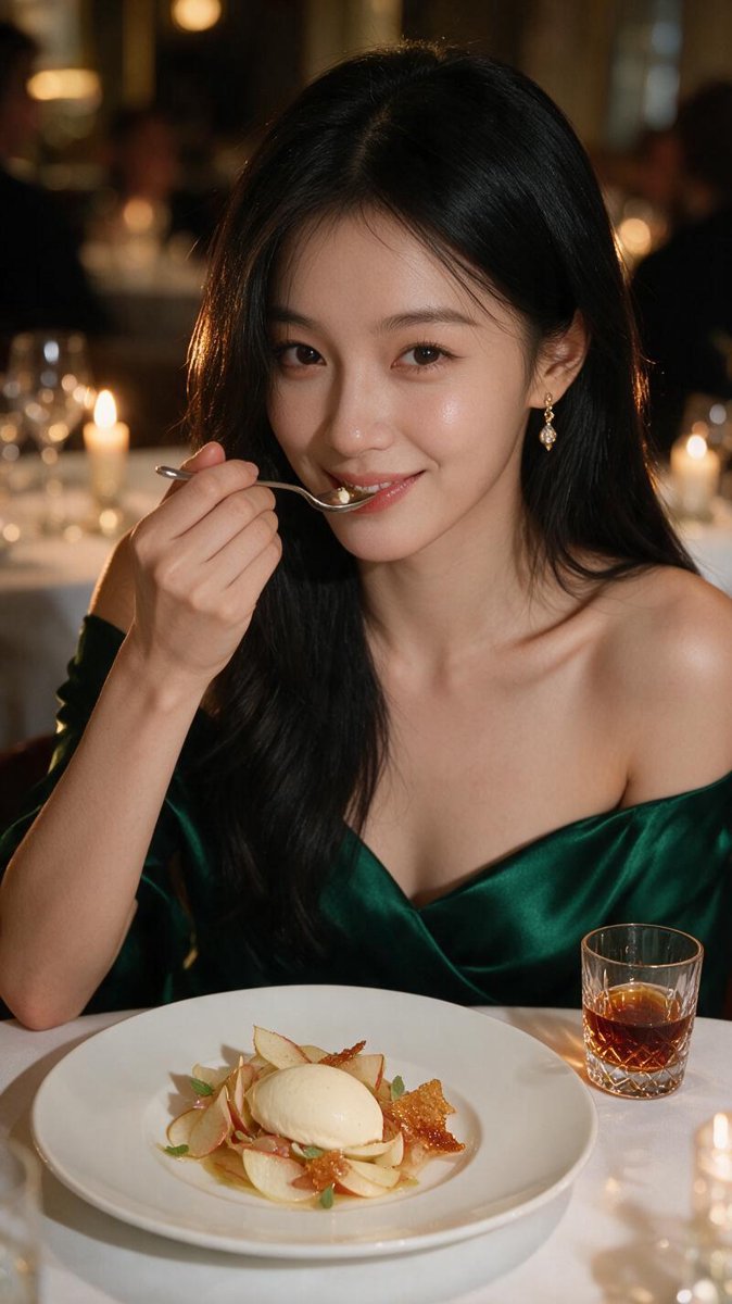 Sofie in candlelit close-up with a dessert spoon at her lips and a mischievous satisfied smile, Kentish Cox apple dessert and amber Port glass at The Ledbury