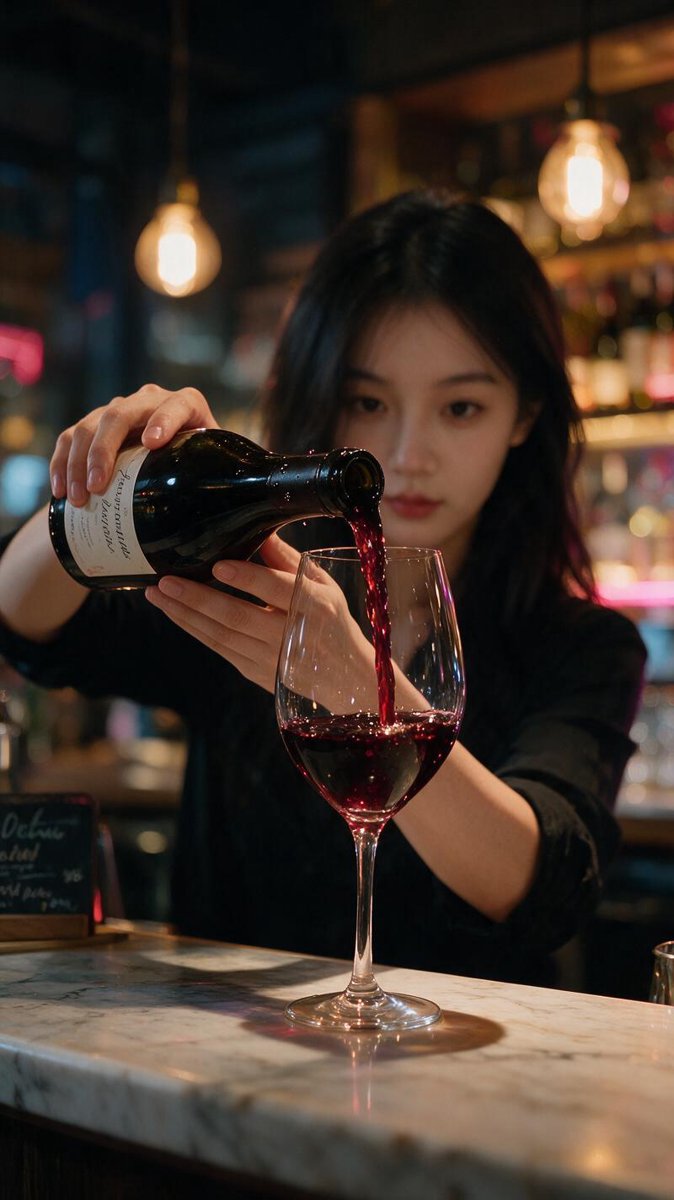 Close-up of Sofie's hands pouring deep red Morgon Gamay into a wine glass, the wine catching warm amber light against the moody bokeh of Monopole's bar
