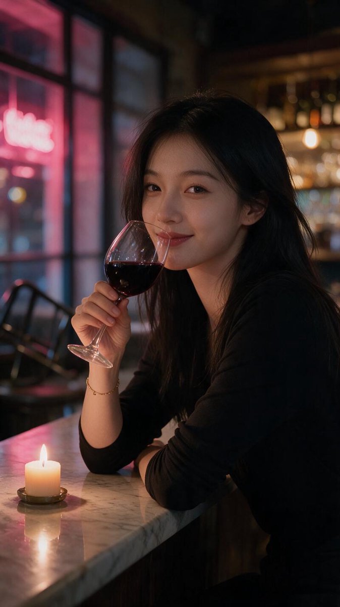 Sofie leaning on the empty bar at Monopole after closing, hair undone, holding her own glass of red wine in candlelight with soft pink neon glow