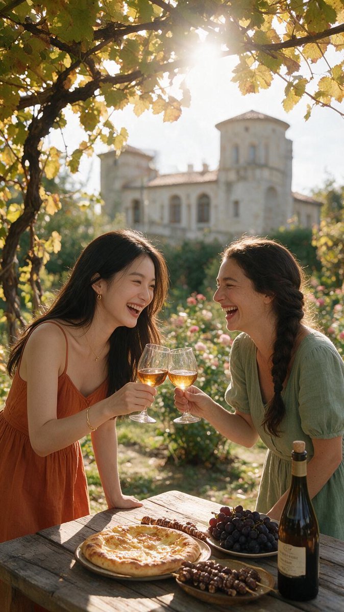 Sofie leaning in over the table clinking amber wine with a friend at a Rtveli supra feast, dappled garden light at ChΓ’teau Mukhrani