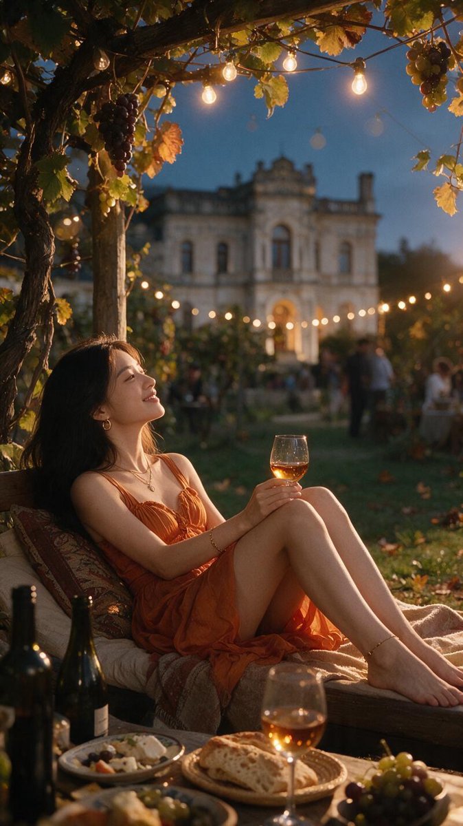 Sofie reclining on a garden daybed at golden hour under string lights at ChΓ’teau Mukhrani, glass of Goruli Mtsvane in hand, palace glowing behind