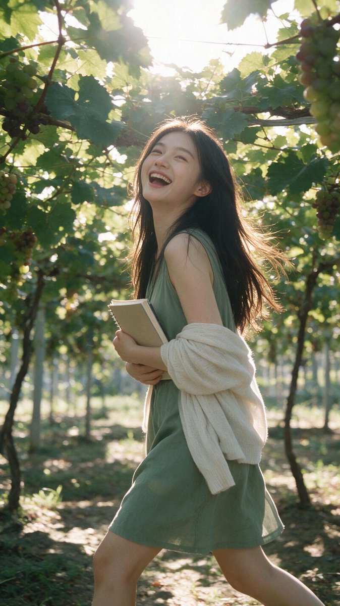 Sofie laughing mid-stride through golden campus vineyard rows in a sage sundress, notebook hugged to her chest, afternoon light through the leaves