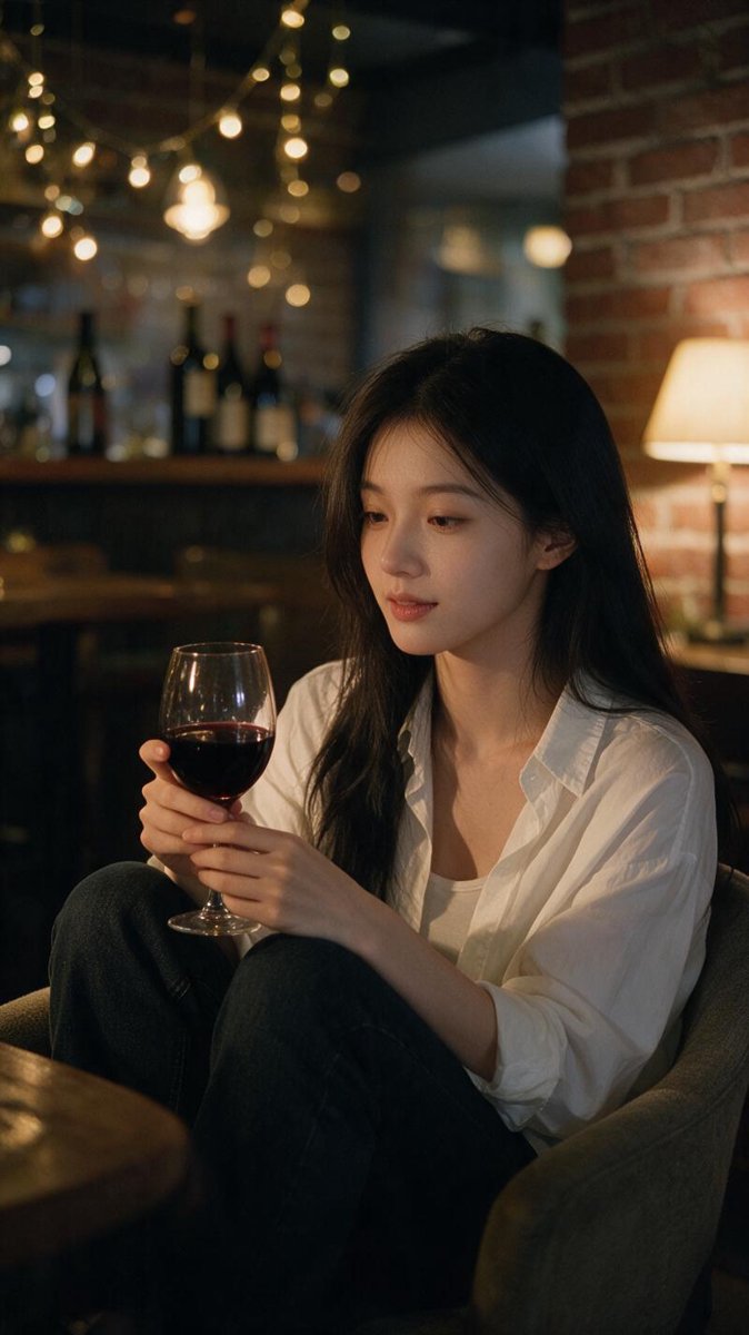 Sofie curled into an armchair in a warm dim common room at night, loose hair, unbuttoned white shirt, glass of Marselan in hand, contemplative half-smile