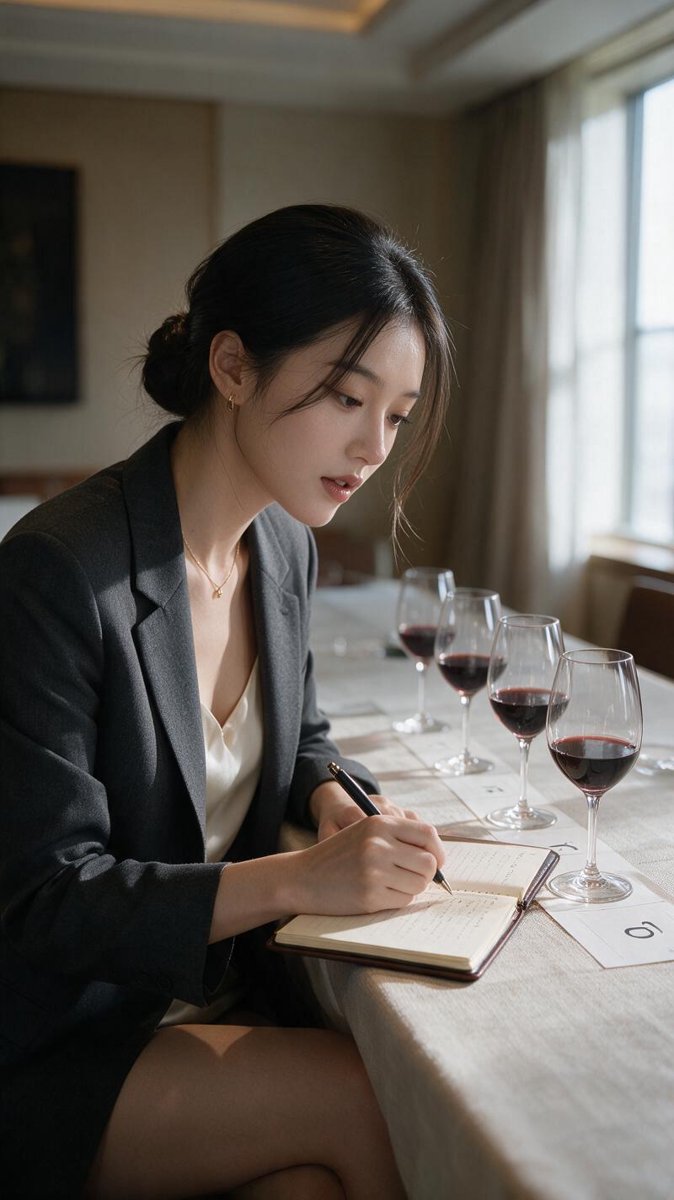 Sofie seated at a masterclass tasting table taking notes beside a glass of rare red wine in soft window light