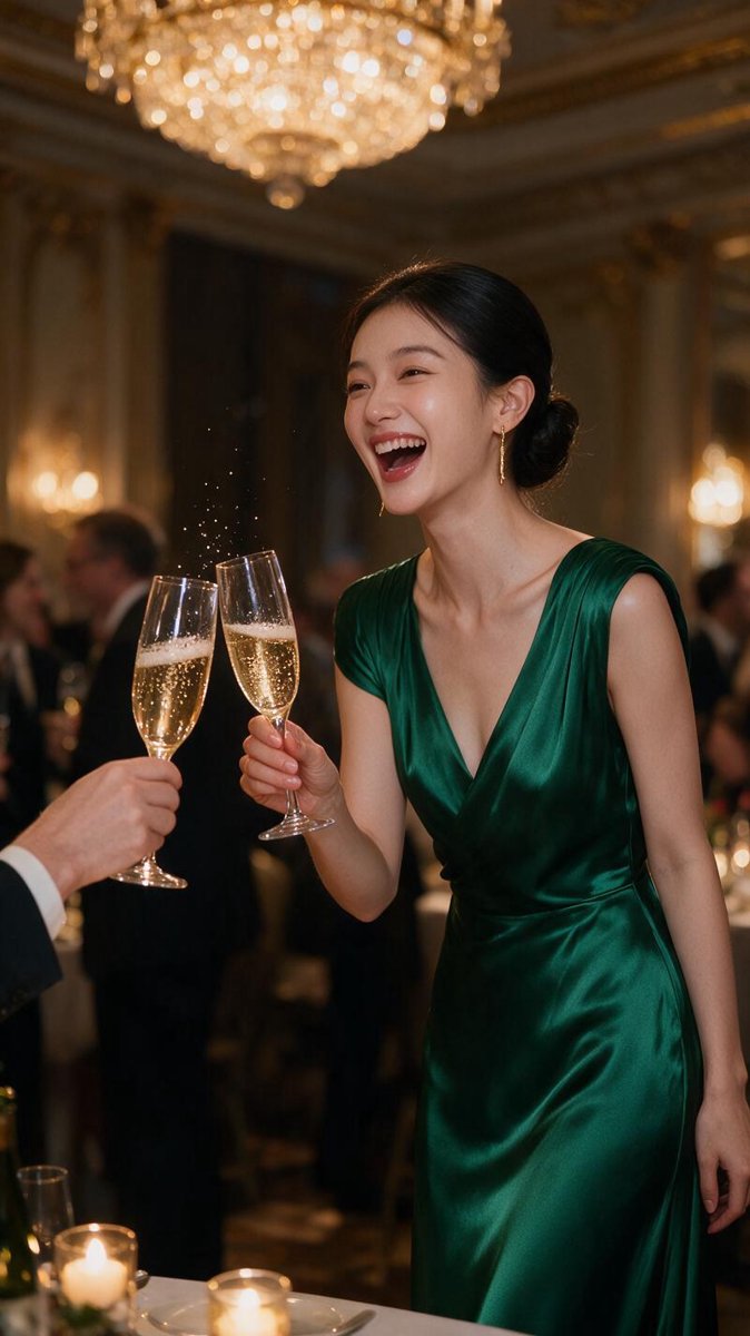 Sofie in an emerald silk gown clinking champagne flutes under golden chandeliers at an evening gala reception