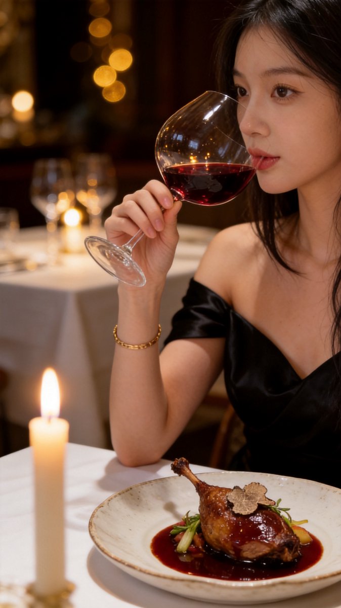 Sofie mid-sip of red Burgundy beside the hay-smoked Mieral pigeon at a candlelit white-tablecloth table at Odette