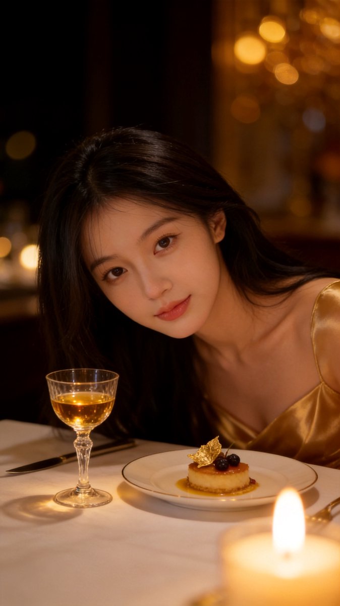 Close-up of Sofie with a satisfied smile beside a glowing glass of Sauternes and a gold-leaf dessert in candlelight at Odette