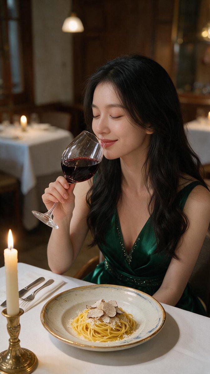 Overhead view of Sofie seated mid-sip at a candlelit white-tablecloth table, a crystal glass of Barolo beside tajarin pasta shaved with white Alba truffle