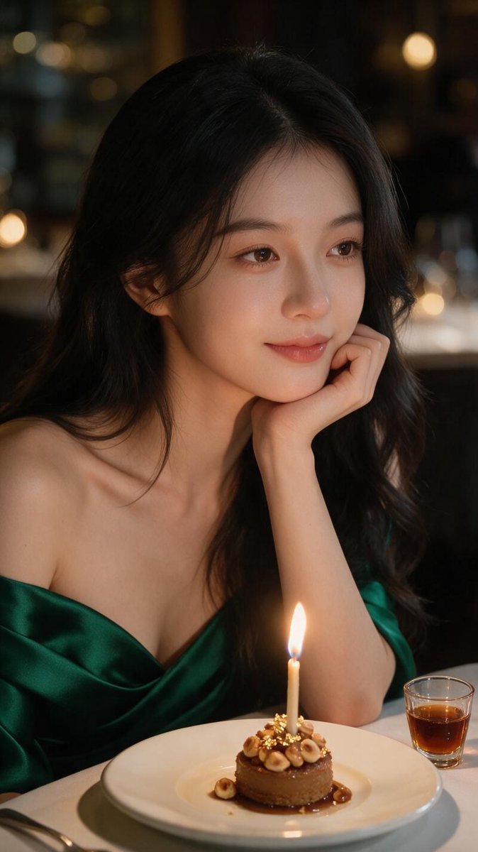 Intimate close-up of Sofie resting her chin on her hand over a hazelnut dessert and a glass of amber Barolo Chinato, candlelight glowing across her satisfied smile