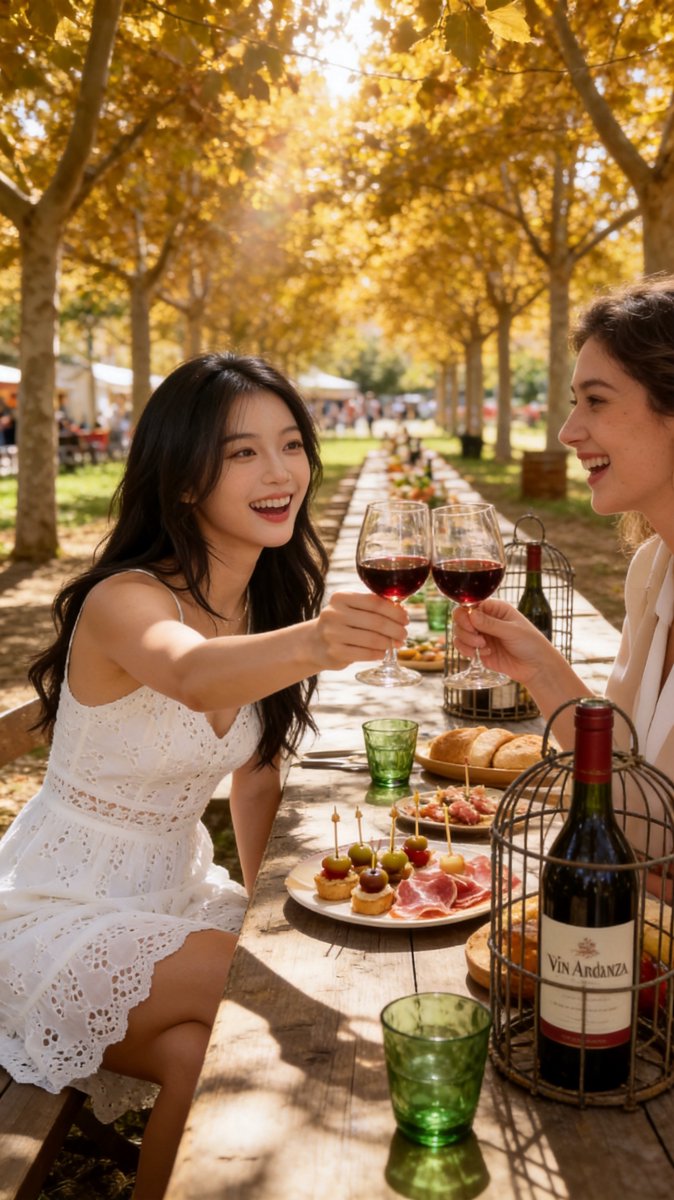 Sofie in a white eyelet dress toasting ViΓ±a Ardanza Rioja with a friend at a harvest table under plane trees, warm afternoon light