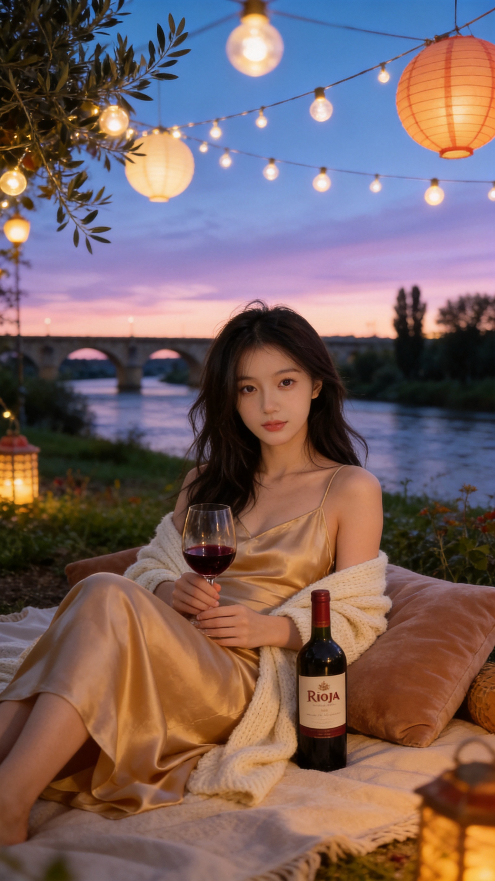 Sofie in a champagne silk slip dress lounging on a picnic blanket under string lights by the Ebro river at golden hour, glass of Rioja Gran Reserva in hand