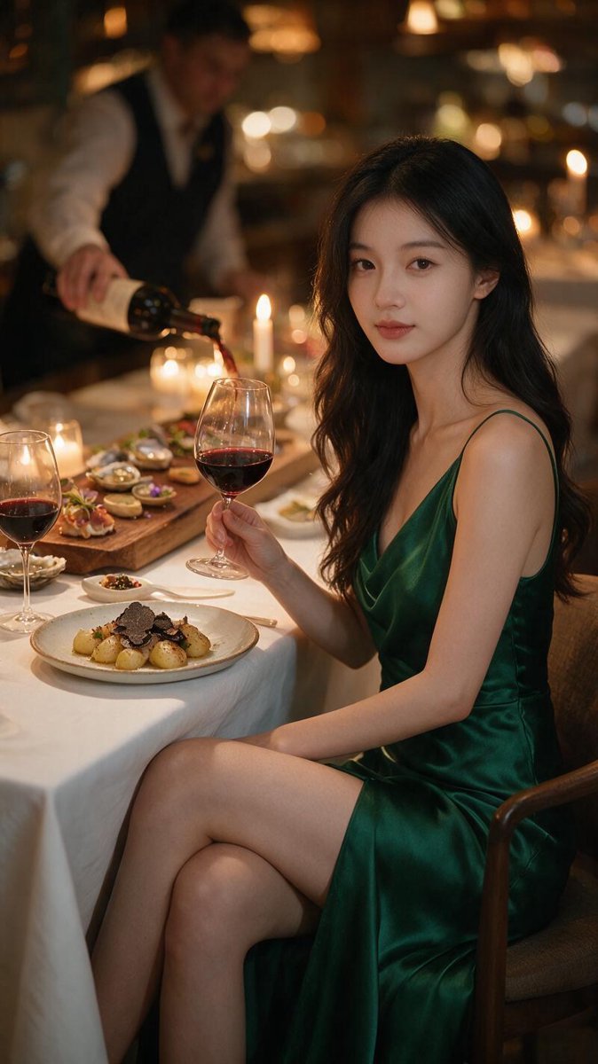 Sofie swirling a glass of Pinot Noir beside black-truffle potatoes and the zensai board at a candlelit white-tablecloth table at SingleThread, telephoto bokeh of the dining room behind her