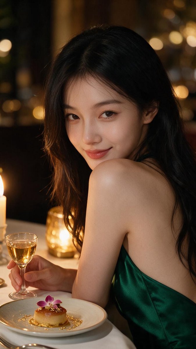 Intimate close-up of Sofie glancing back over her shoulder with a satisfied smile beside a glowing glass of Sauternes and a gold-leaf dessert in candlelight at SingleThread