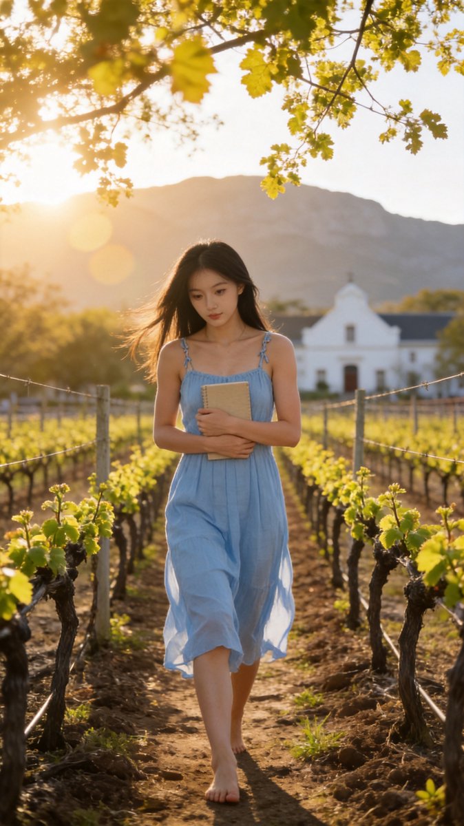 Sofie in a pale blue sundress walking through budding vineyard rows at Welgevallen teaching vineyard with the Simonsberg in the distance