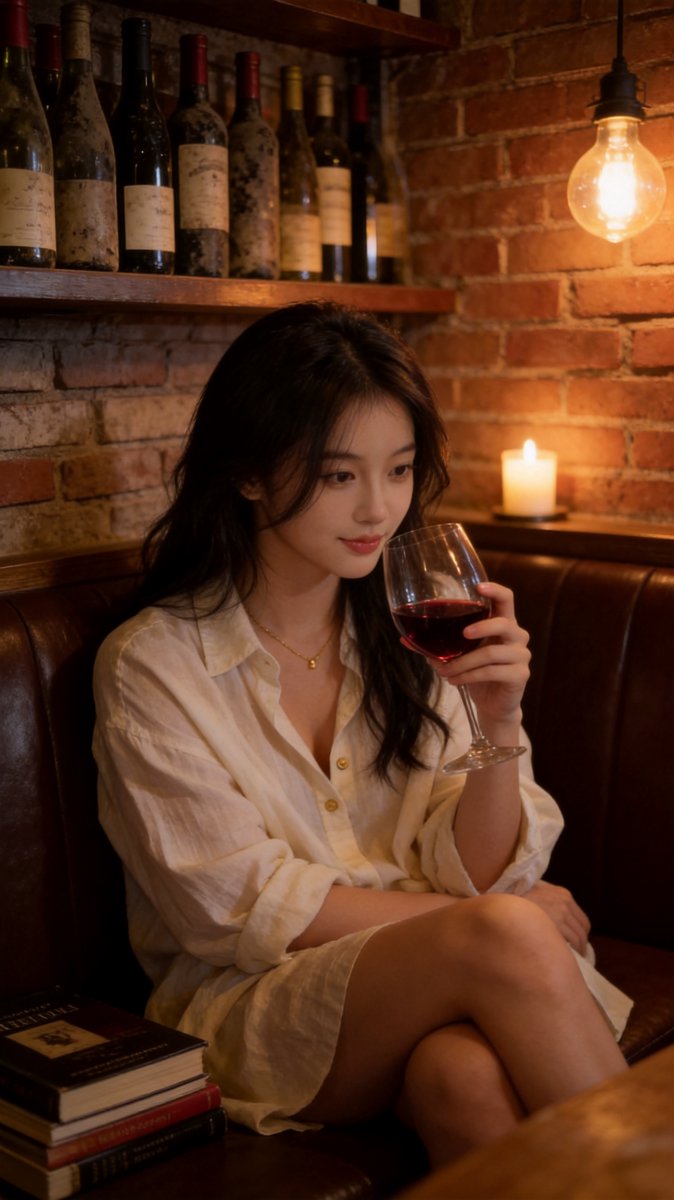 Sofie in an oversized cream linen shirt with a glass of ruby Pinotage in a dim candlelit wine bar corner