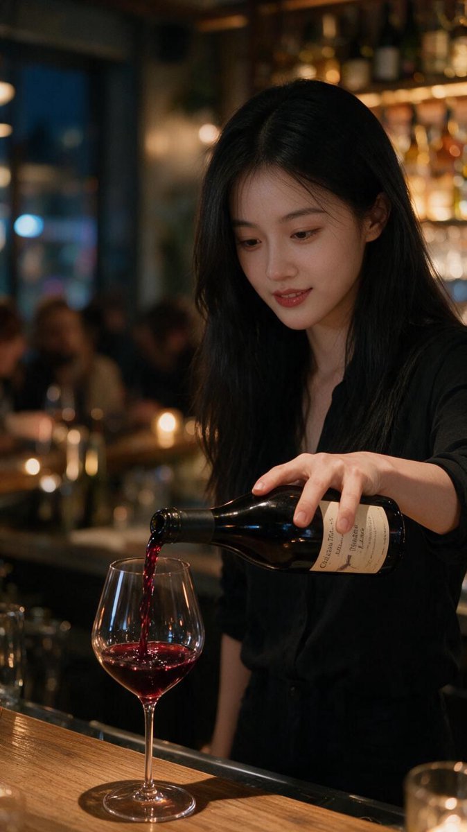 Close-up of Sofie's hands pouring Christian Tschida Himmel auf Erden red into a Zalto glass, wine catching warm tungsten light in a moody Copenhagen bar