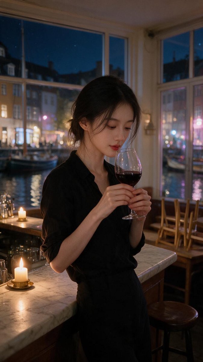 Sofie leaning against the empty bar at Ved Stranden 10 after closing, hair undone, holding her own glass of red wine in candlelit intimacy