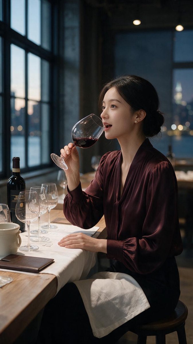 Sofie seated at a masterclass tasting bench swirling a glass of Brunello di Montalcino in soft window light at Pier 36