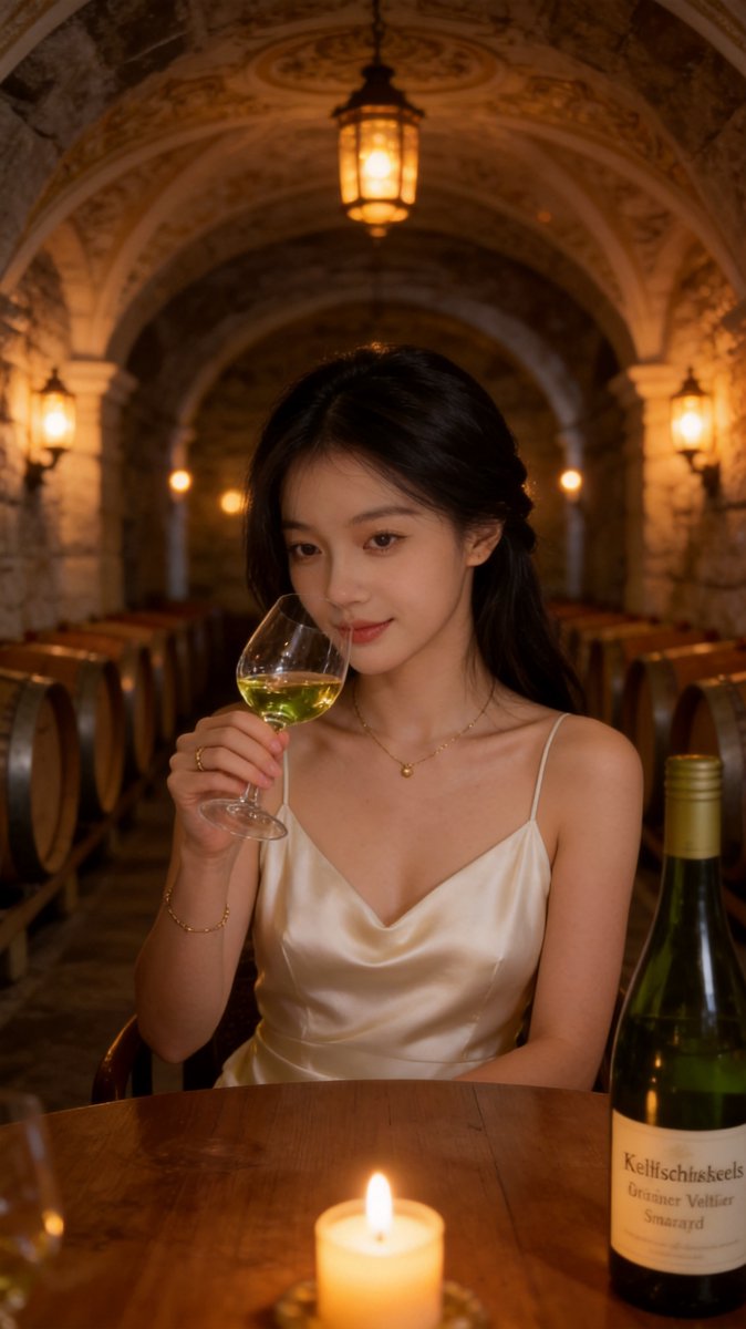 Sofie in a cream satin slip dress swirling a glass of GrΓΌner Veltliner Smaragd in the vaulted baroque cellar of the KellerschlΓΆssel, oak casks in warm lamplight