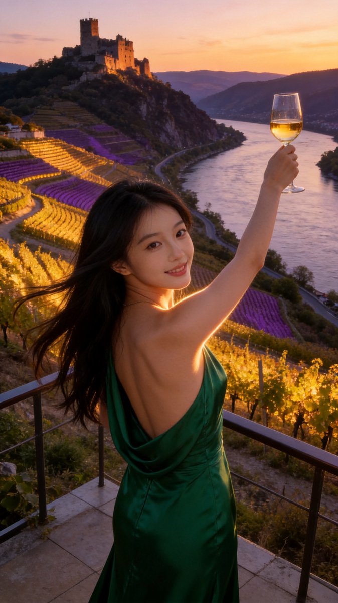 Sofie in an emerald evening gown raising a sunset toast on a hilltop terrace above the Wachau terraces, the Danube valley bathed in gold and purple, DΓΌrnstein castle ruins silhouetted